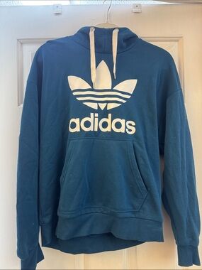 adidas Men's Blue Crewneck Hoodie with White Trefoil Logo